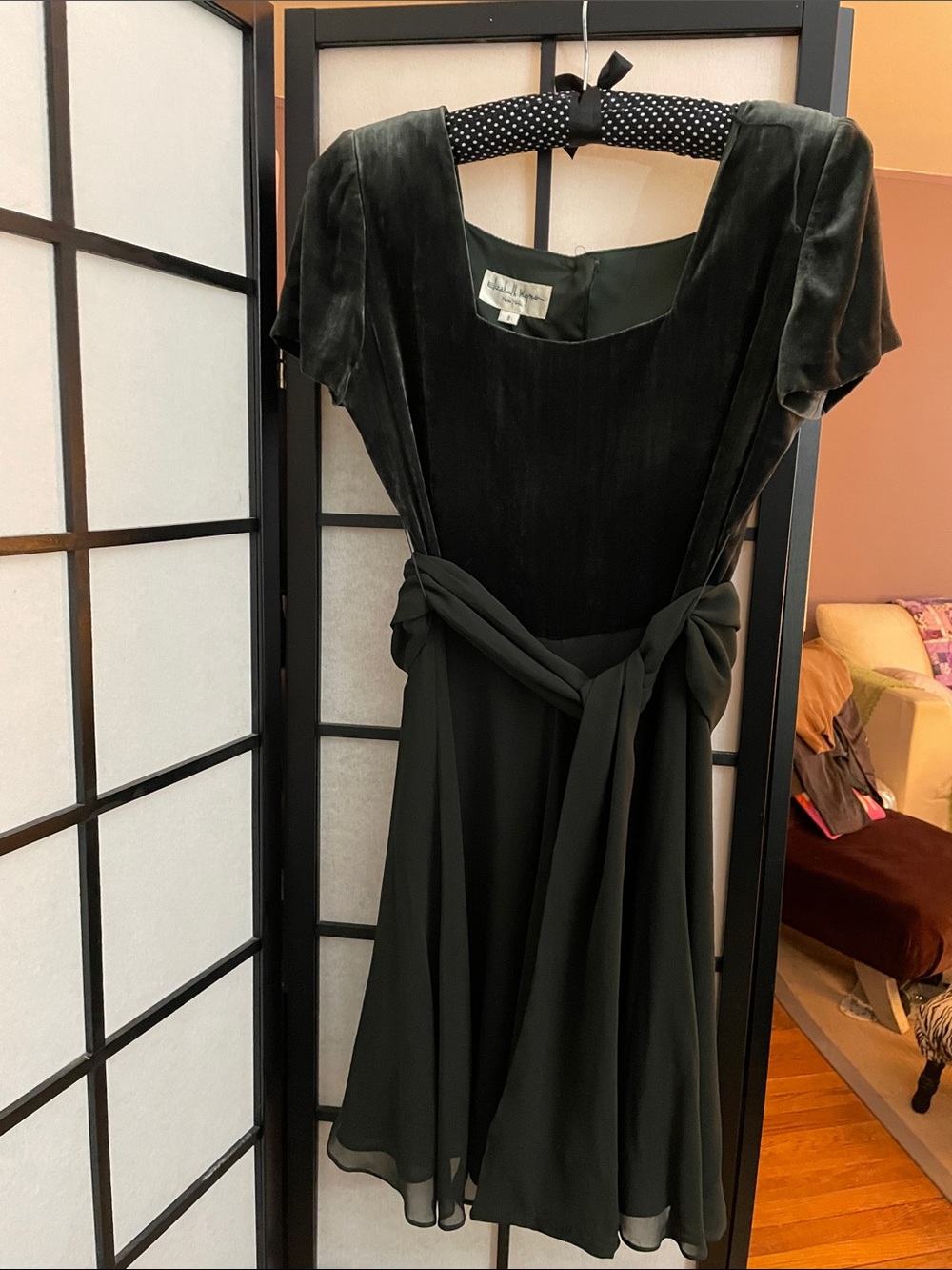 90’s Vintage Elizebeth Wayman Dark Green Velvet & Chiffon Dress